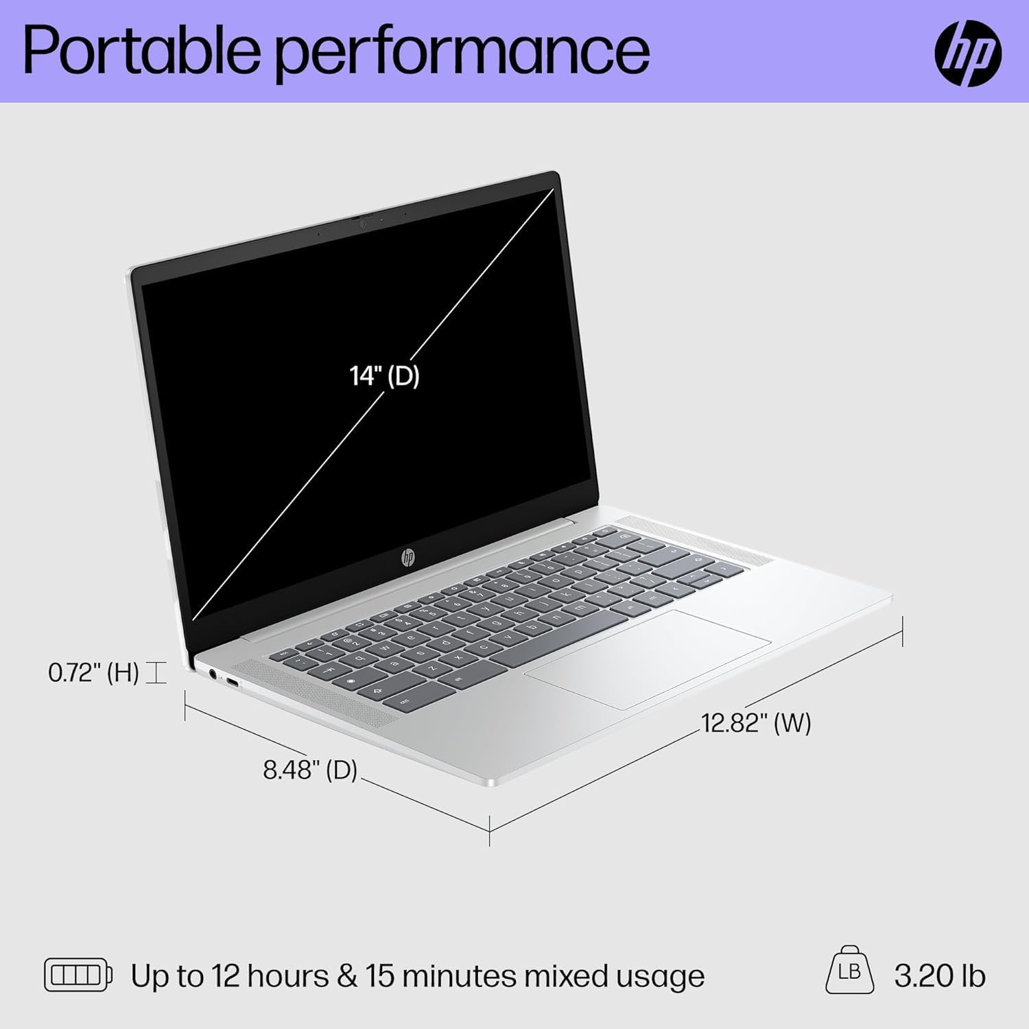 HP 14' HD Chromebook, Intel N200 Processor, Intel UHD Graphics, 4GB RAM, 128 GB UFS Flash Storage, Wi-Fi6, Bluetooth, Chrome OS, Glacier Silver