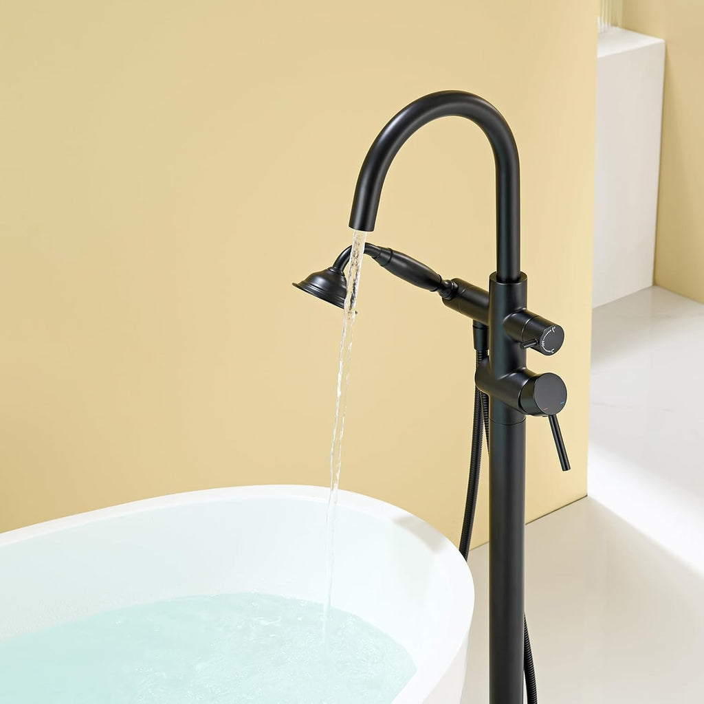 Wowkk Tub Filler Freestanding Bathtub Faucet Black Floor Mounted Brass Bathroom Tub Faucets with Hand Shower