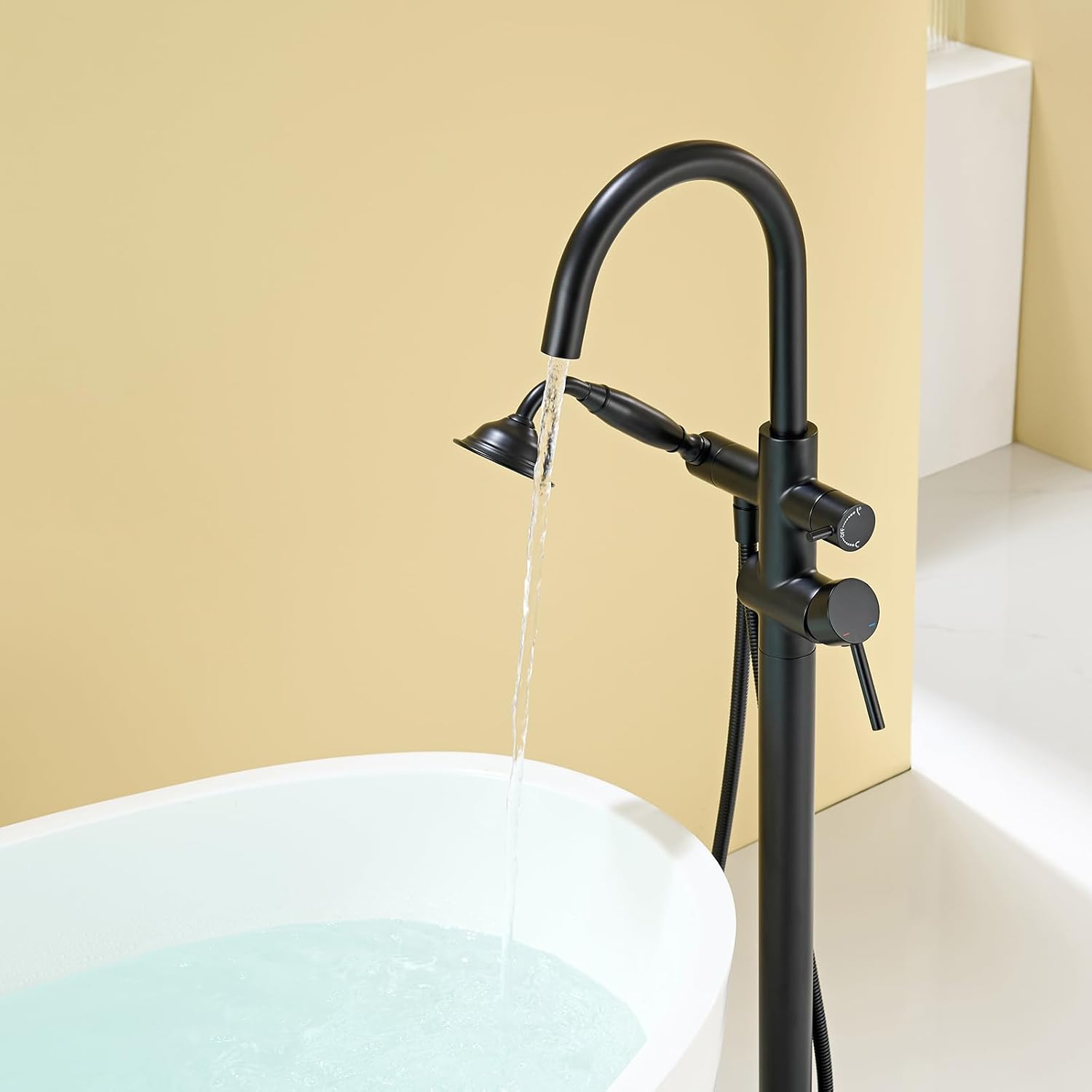 Wowkk Tub Filler Freestanding Bathtub Faucet Black Floor Mounted Brass Bathroom Tub Faucets with Hand Shower