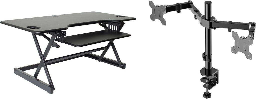 Rocelco 46' Large Height Adjustable Standing Desk Converter with Double Monitor Mount Arm BUNDLE - Quick Sit Stand Up Computer Workstation Riser - Retractable Keyboard Tray - Black (R DADRB-46-DM2)