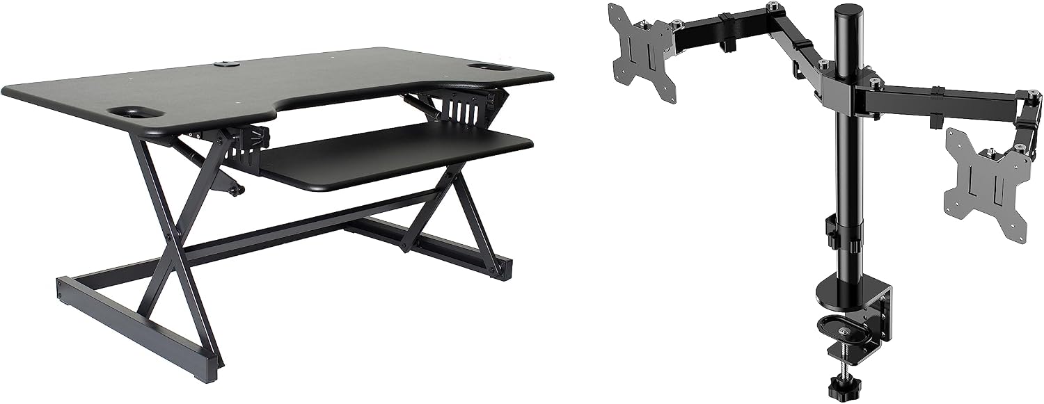 Rocelco 46' Large Height Adjustable Standing Desk Converter with Double Monitor Mount Arm BUNDLE - Quick Sit Stand Up Computer Workstation Riser - Retractable Keyboard Tray - Black (R DADRB-46-DM2)
