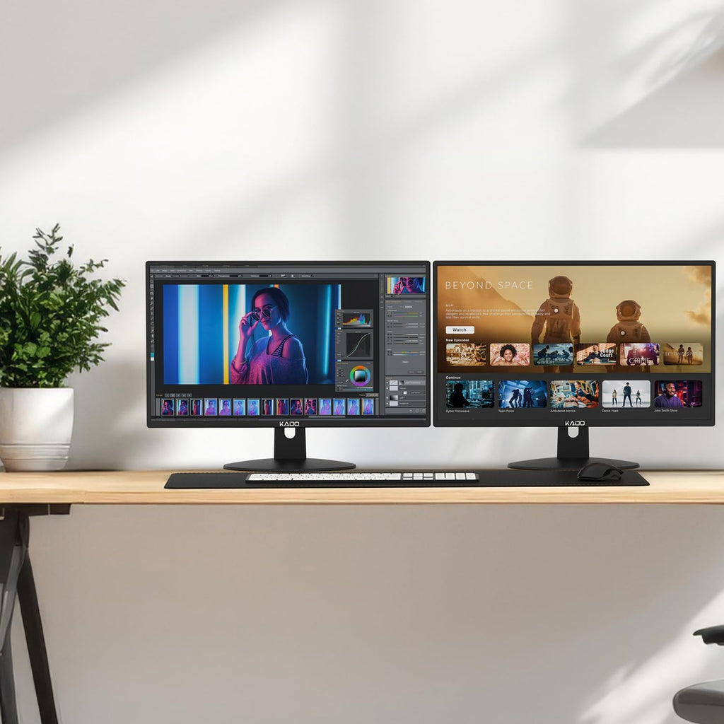 Kado Dual Monitor Setup - 2-Pack 24' 1920x1080 Computer Monitor 75Hz VESA Mount HDMI Office Gaming Hybrid Multitasking Daytrading Built-in Speakers