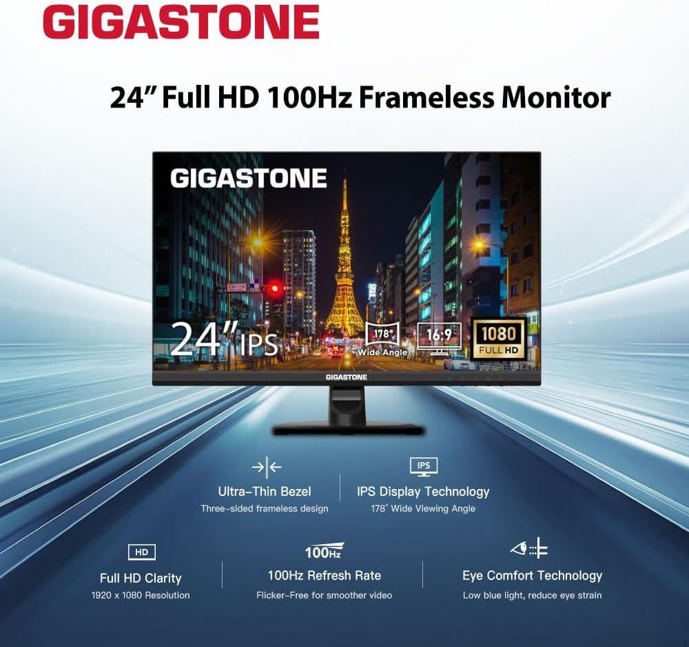 Gigastone 24 inch IPS LED Back Light Monitor 100Hz FHD 1920 x 1080,178°WideView,Frameless, Dual Monitor, MPRT 1ms, Built-in Speakers, Eye Care Technology, Ergonomic Tilt VESA Mount, HDMI VGA