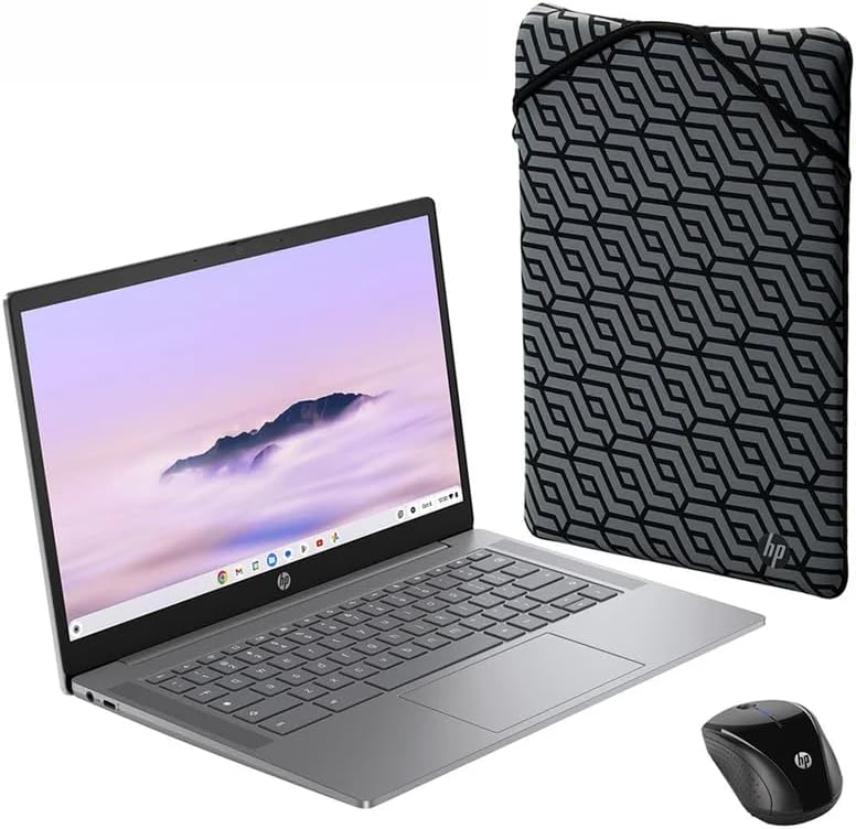 HP 14' Touchscreen FHD Chromebook Plus Laptop Bundle, Intel Core i3-N305, 8GB LPDDR5 RAM, 256GB UFS Storage, Includes Sleeve & Wireless Mouse, Chrome OS