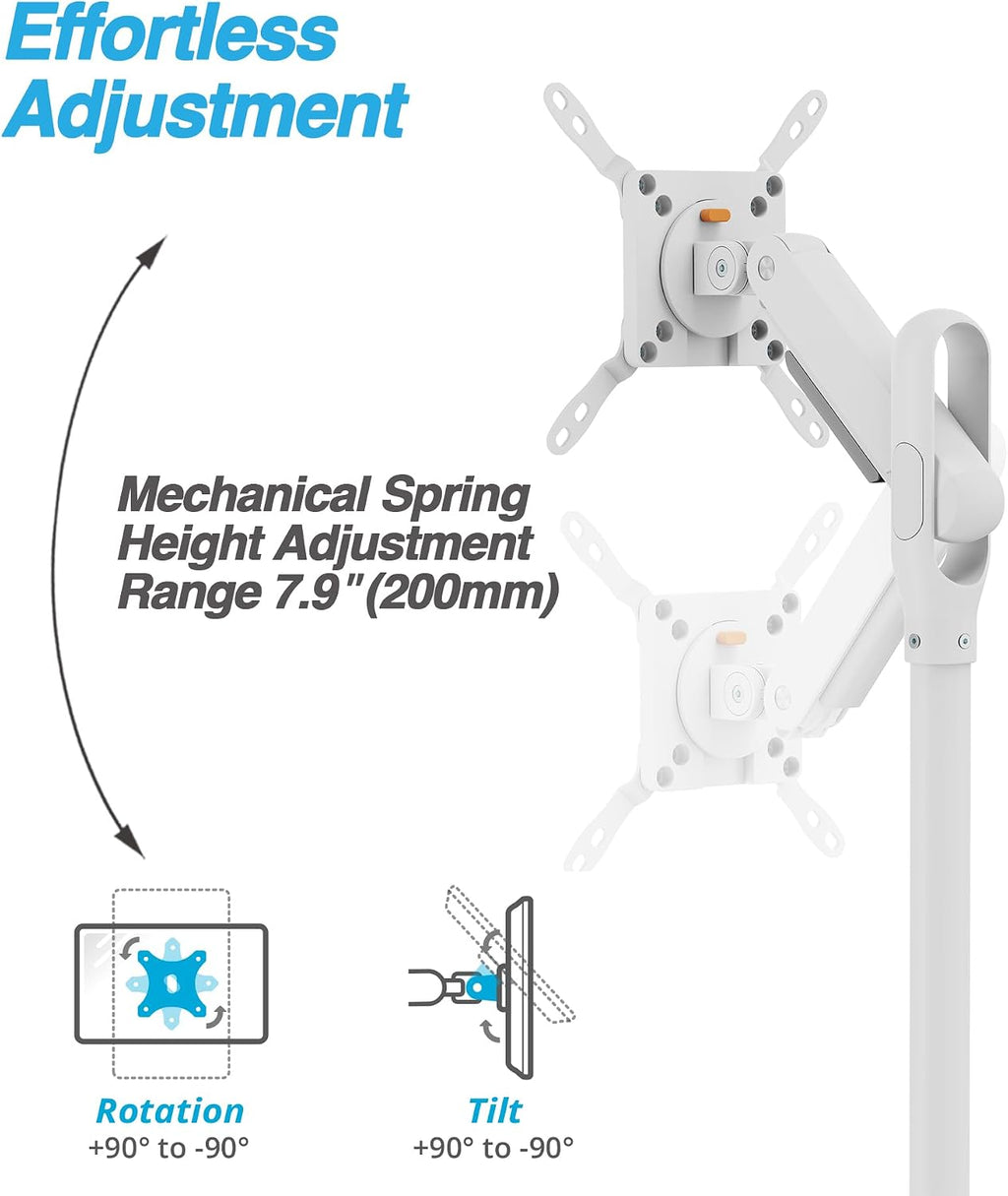 AVLT Single 17 to 43 Inch Portable Monitor Arm TV Rolling Stand with Heavy Base for Screens Up to 22 lbs, Mechanical Spring Height Adjustment, Screen Rotation, Mobile Low Profile Caster Wheel, White