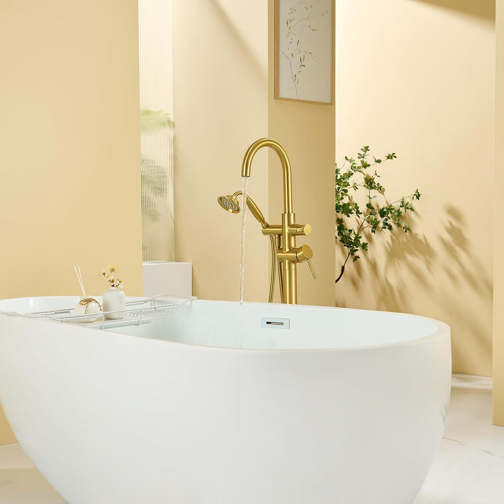 Wowkk Tub Filler Freestanding Bathtub Faucet Brushed Gold Floor Mounted Brass Bathroom Tub Faucets with Hand Shower