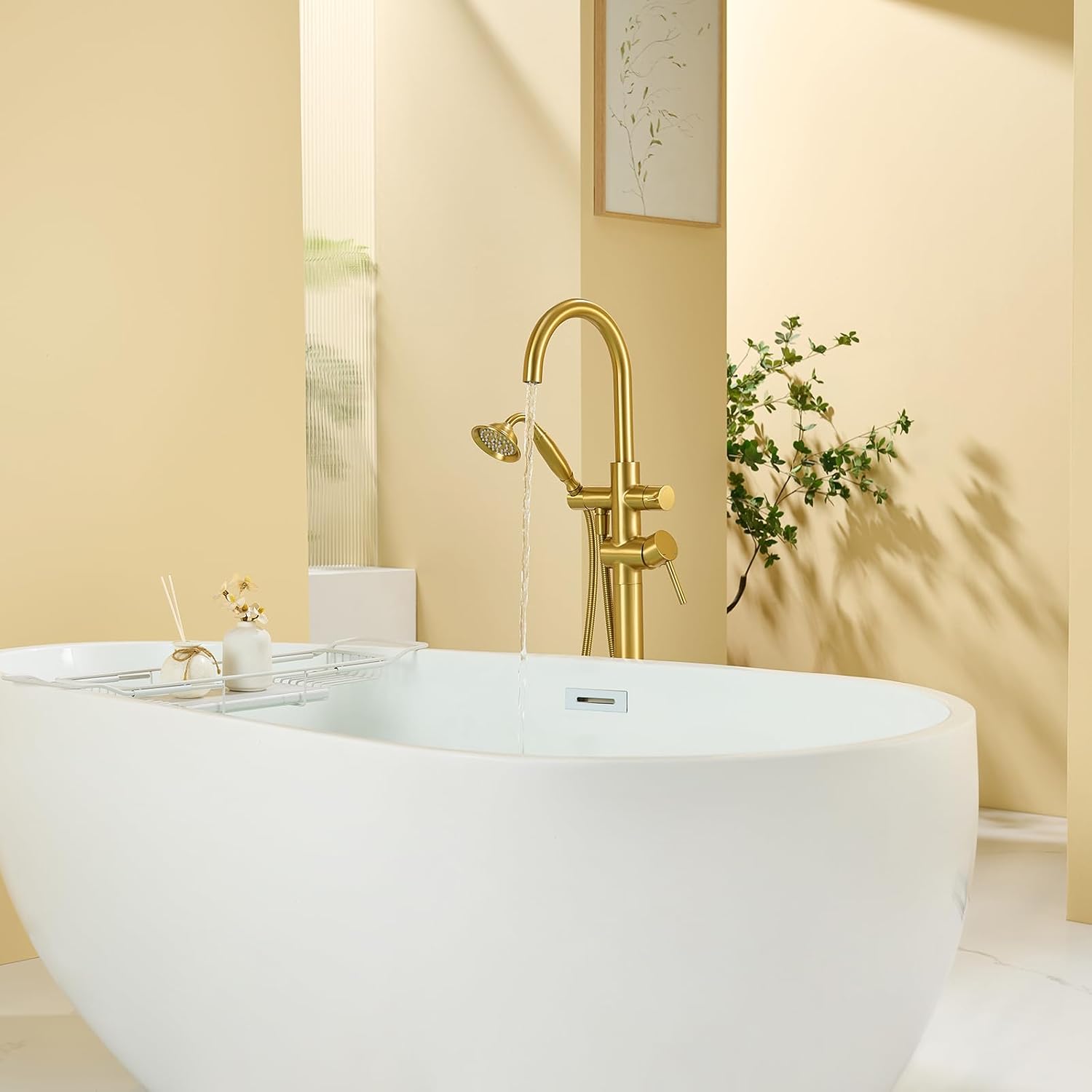 Wowkk Tub Filler Freestanding Bathtub Faucet Brushed Gold Floor Mounted Brass Bathroom Tub Faucets with Hand Shower