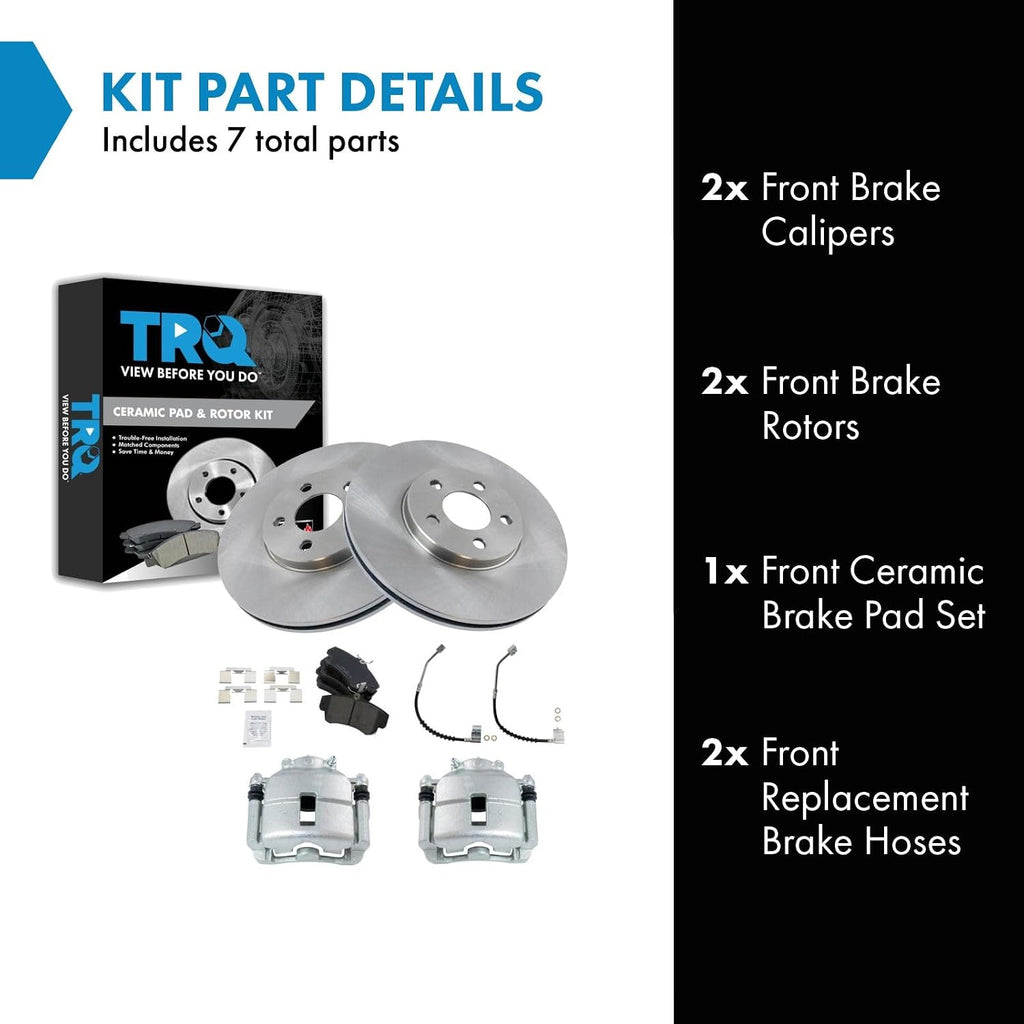 TRQ Front Brake Pad and Rotor Set Ceramic Rotors Calipers Hoses Compatible with 2001-2009 Chrysler PT Cruiser