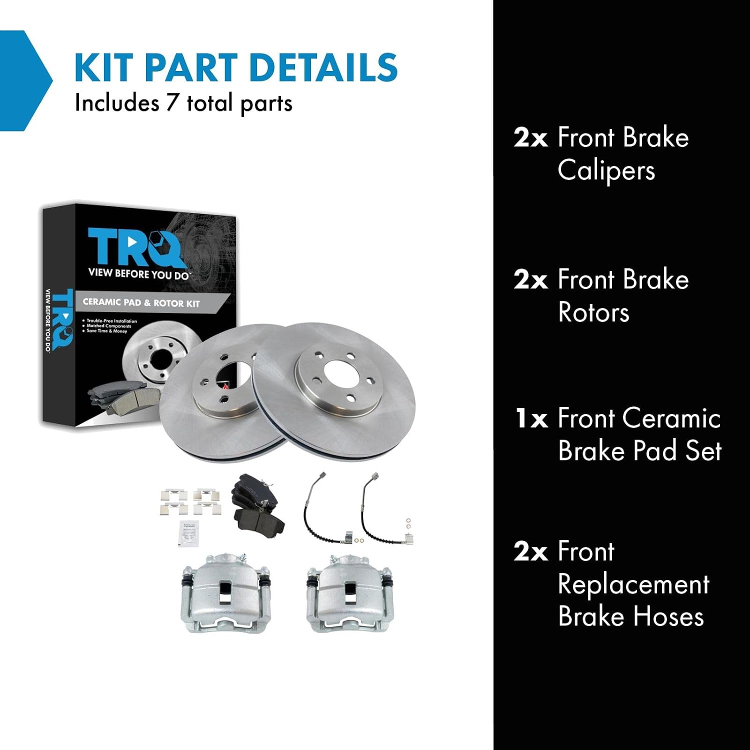TRQ Front Brake Pad and Rotor Set Ceramic Rotors Calipers Hoses Compatible with 2001-2009 Chrysler PT Cruiser