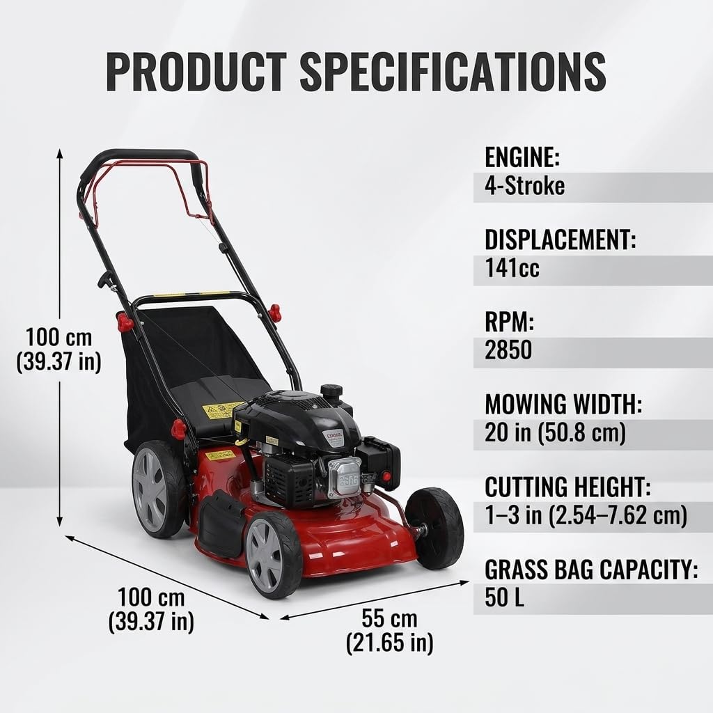 Self Propelled Gas Lawn Mower, 141cc 4-Stroke Engine, 20-Inch Walk-Behind Mower, 3-in-1 Mulching, Side Discharge & Rear Bagging, 7-Position Height Adjustment, 13.2-Gallon Grass Bag, High Rear Wheels