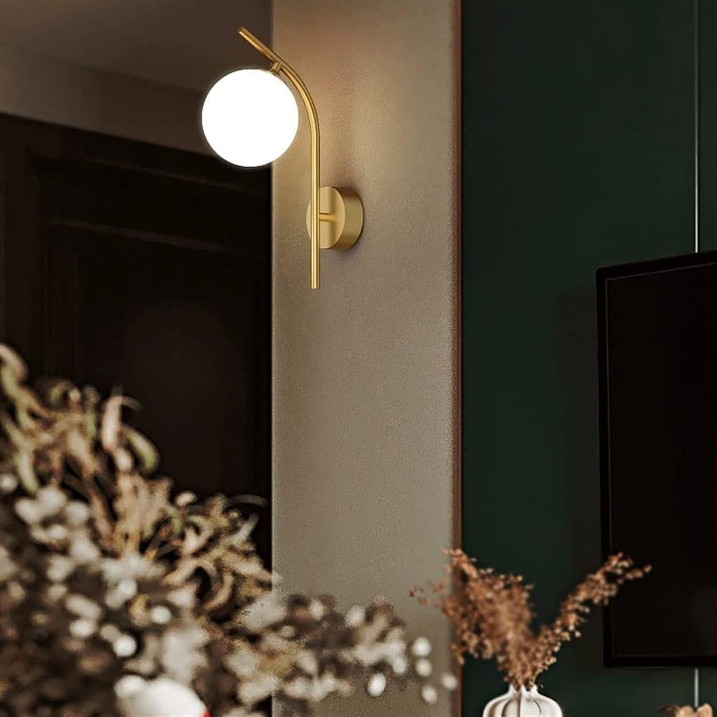 Modern Indoor Wall Sconce Lighting Fixture, Gold Wall Mounted Lamp, Creative LED Wall Light for Living Room Bedroom Bedside Corridor Stairway Bathroom, Brass Finish - White Glass Shade