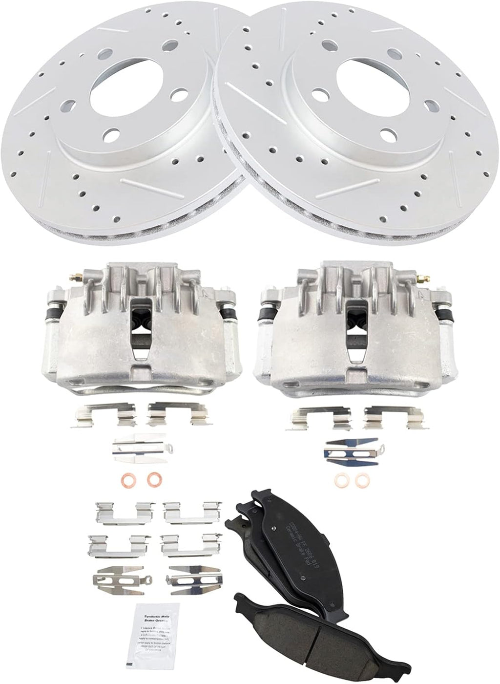 TRQ Performance Front Brake Pad and Rotor Set Ceramic Drilled Slotted Coated Rotors Calipers Compatible with 1999-2002 Ford Mustang