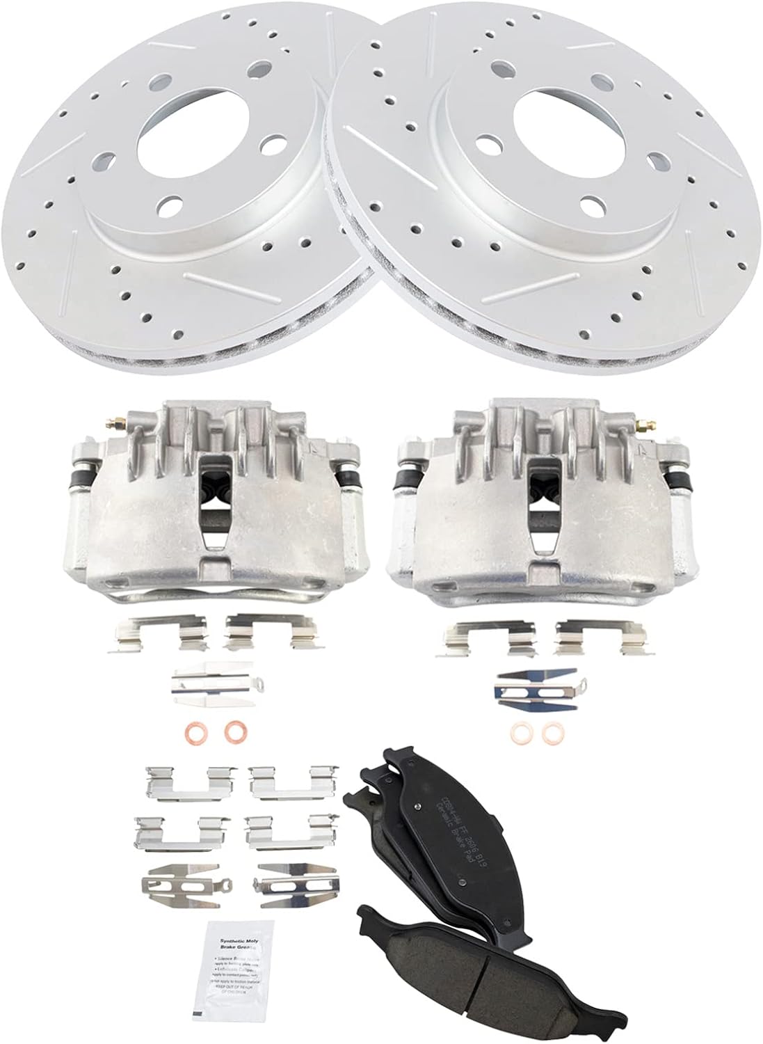 TRQ Performance Front Brake Pad and Rotor Set Ceramic Drilled Slotted Coated Rotors Calipers Compatible with 1999-2002 Ford Mustang