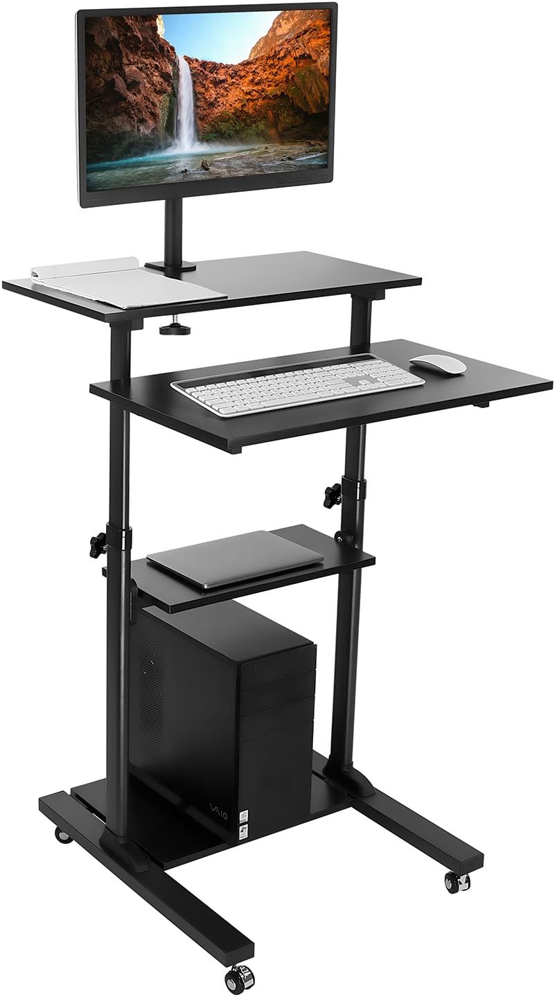Mount-It! Rolling Adjustable Stand-Up Desk with Monitor Arm - Mobile Computer Workstation & Presentation Cart, in Black Color (MI-7942B)