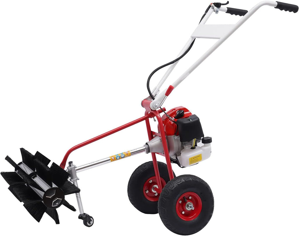 Gas Powered Broom Sweeper 1.7HP 43CC 2 Stroke Air-Cooled Walk Behind Snow Sweeper Broom 23.6In Nylon Brush Handheld Turf Lawn Sweeper Cleaning Machine for Lawn, Sidewalk, Driveway