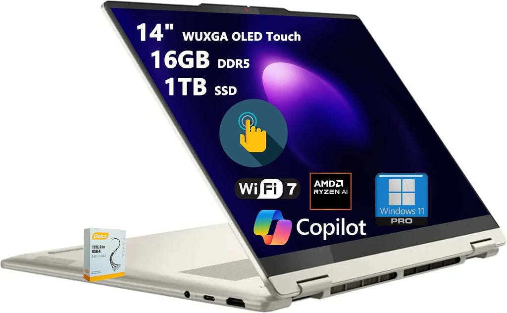 Lenovo Yoga 7 2-in-1 AI PC Laptop | 14' WUXGA OLED Touch (100% DCI-P3) | AMD Ryzen AI 5 340 (Up to 50 Tops) | 16GB DDR5 1TB SSD | for Creator Business Professional Win11Pro DLCA Accessory