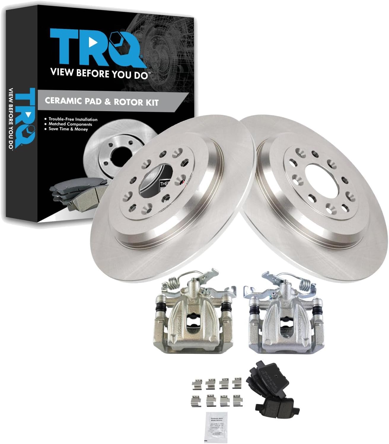 TRQ Rear Brake Pad and Rotor Set Ceramic Solid Rotors Calipers Compatible with 2005-2007 Ford Five Hundred Freestyle Mercury Montego 2008-2009 Taurus Taurus X Sable