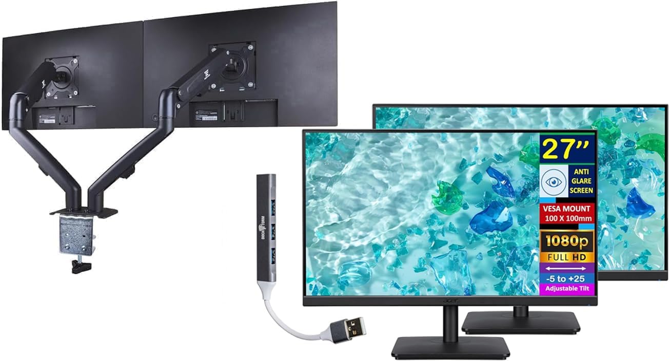acer 27' FHD IPS Monitor with 4ms Response Time, Anti Glare, VESA Mount (100mm), HDMI, VGA & Black Color 2 Pack with DKZ Hub & ErgoFlexy Dual Monitor Mount