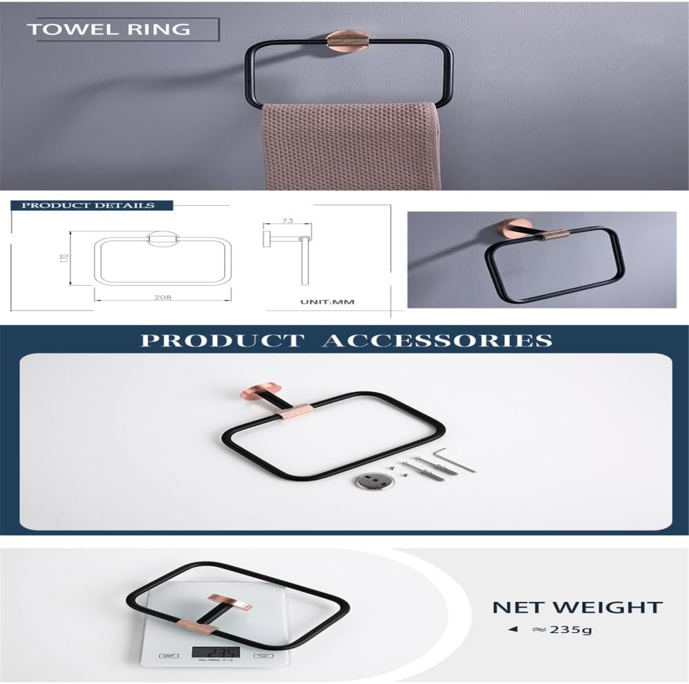 Rose Gold Matte Black Stainless Steel Bathroomardware Set Modernccessories foromeécor Towel Rack Toilet Paperolder Ring Brush Stylish Fixtures(4 Pieces Set B)