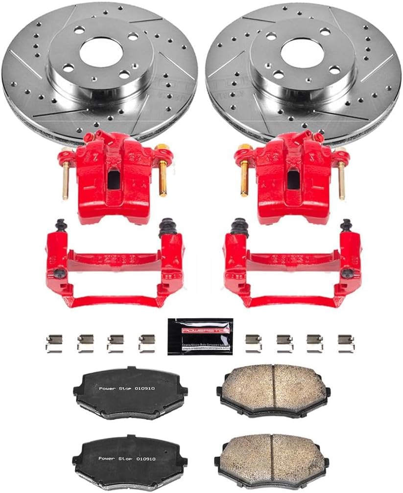 PowerStop Front Brake & Caliper Kit for Mazda Miata 1994-97 | Mazda Miata 1999-05 - Carbon-Fiber Ceramic Brake Pads + Drilled & Slotted Rotors + Red Powder Coated Calipers, KC793