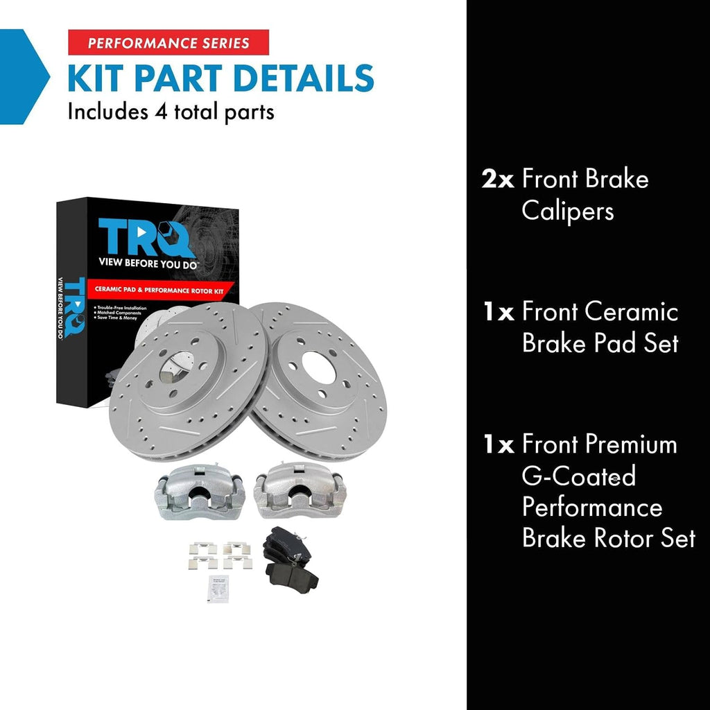 TRQ Performance Front Brake Pad and Rotor Set Ceramic Vented Coated Drilled Slotted Rotors Calipers Compatible with 2001-2009 Chrysler PT Cruiser