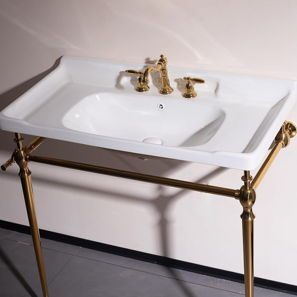 28 inch Console Bathroom Sink, Freestanding Console Sink With Stainless Brushed Gold Legs, Modern Bathroom Vanity with 3 Tap Holes, White Ceramic Basin
