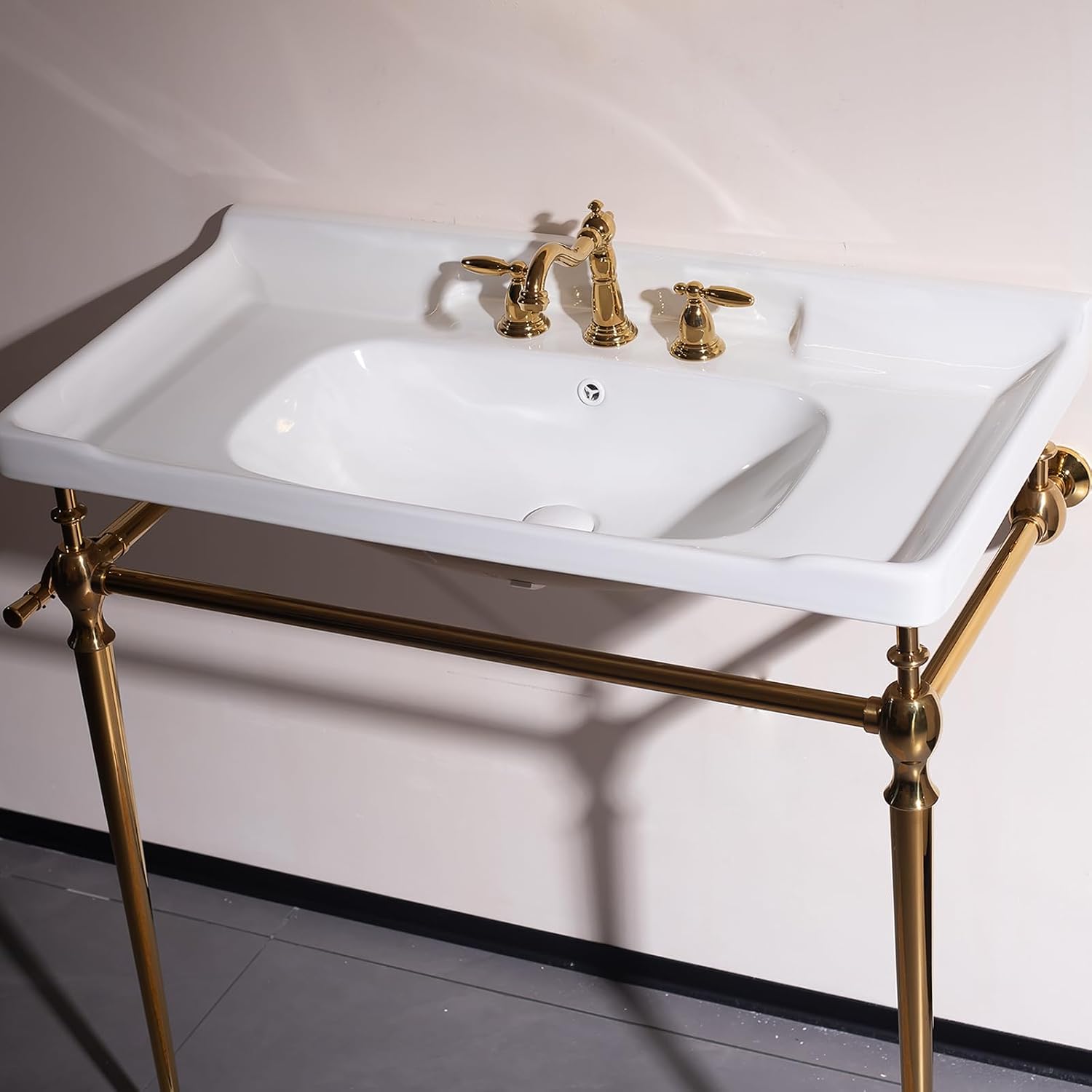 36'' Console Bathroom Sink, Freestanding Console Sink With Stainless Brushed Gold Legs, Modern Bathroom Sink Vanity with 3 Tap Holes and Pop Up Drain, White