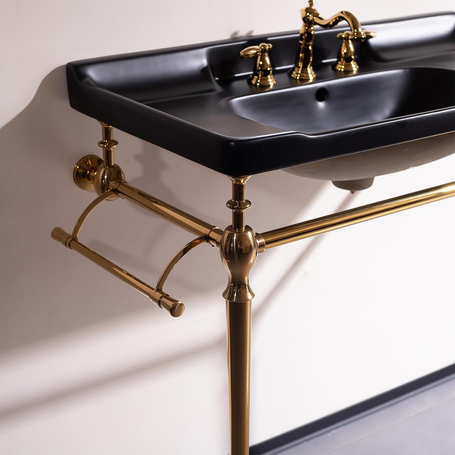 36'' Console Bathroom Sink, Freestanding Console Sink With Stainless Brushed Gold Legs, Modern Bathroom Vanity with 3 Tap Holes and Pop Up Drain, Black