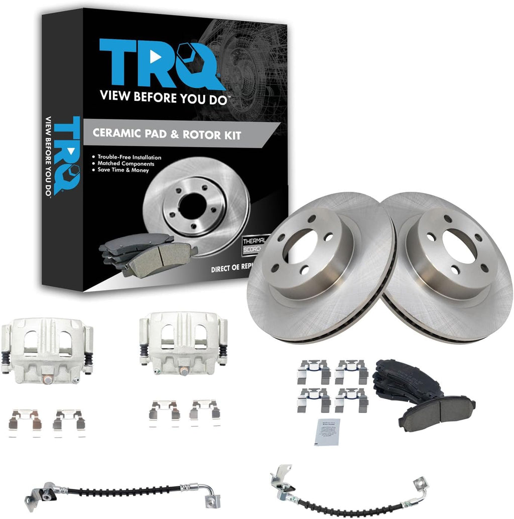 TRQ Front Brake Pad and Rotor Set Ceramic Rotors Calipers Hoses Compatible with 2001-2002 Ford Explorer Sport Explorer Sport Trac 2003-2011 Ranger 2003-2009 Mazda B4000