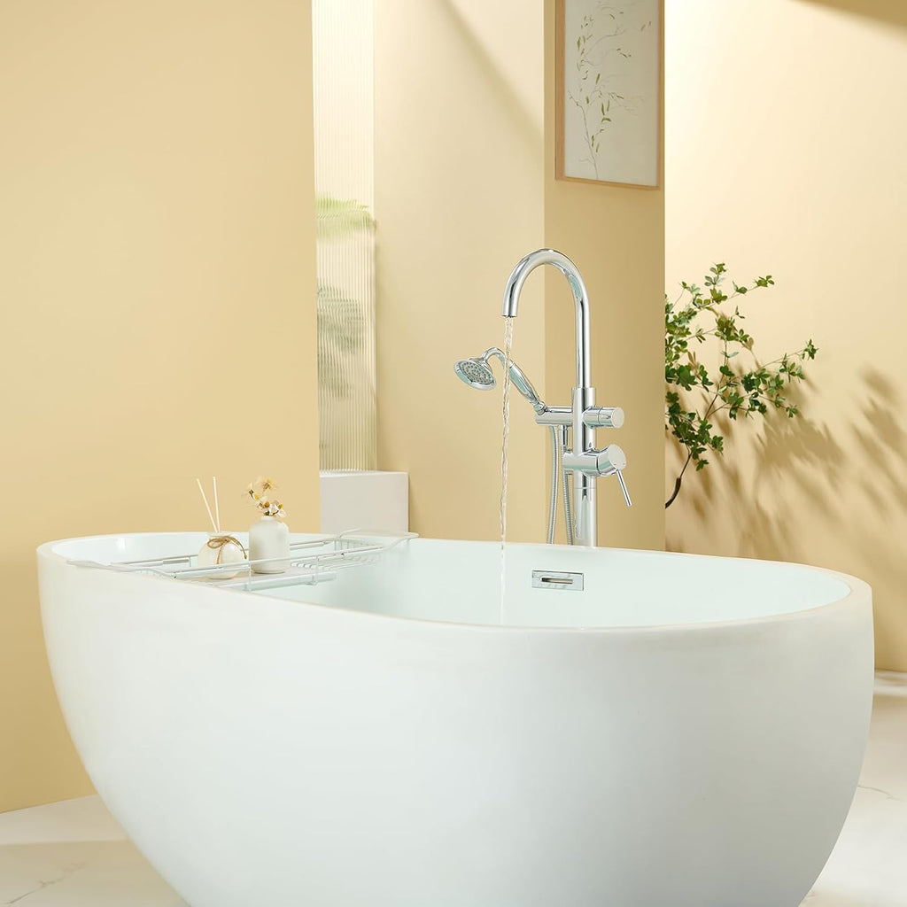 Wowkk Tub Filler Freestanding Bathtub Faucet Chrome Floor Mounted Brass Bathroom Tub Faucets with Hand Shower