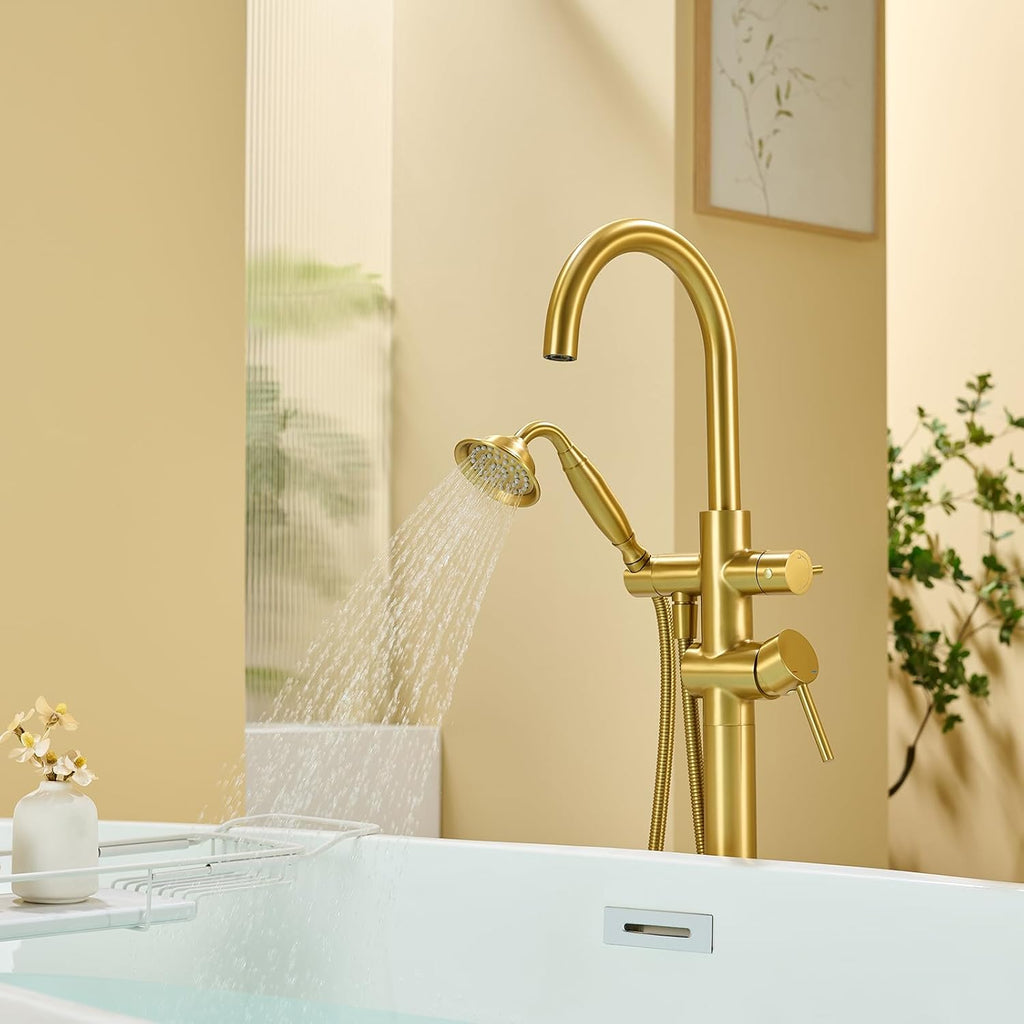 Wowkk Tub Filler Freestanding Bathtub Faucet Brushed Gold Floor Mounted Brass Bathroom Tub Faucets with Hand Shower