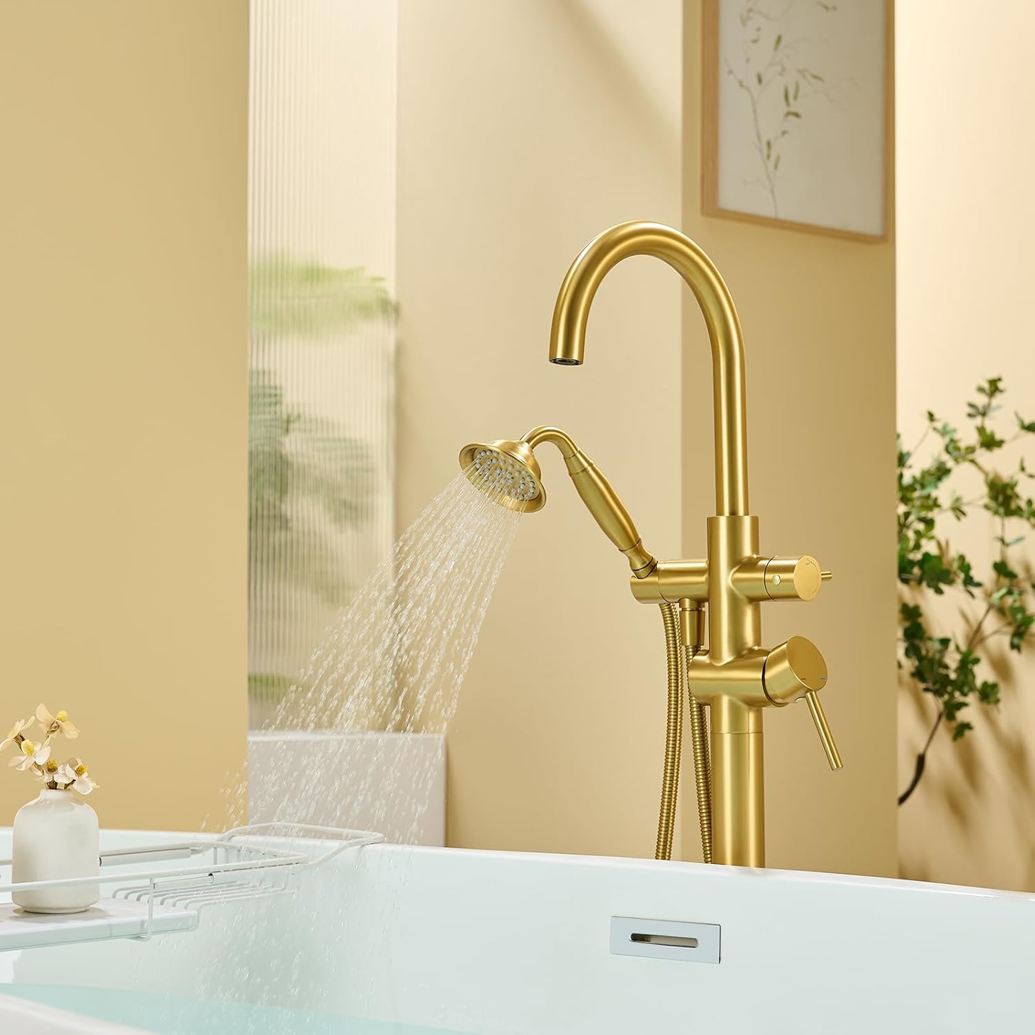 Wowkk Tub Filler Freestanding Bathtub Faucet Brushed Gold Floor Mounted Brass Bathroom Tub Faucets with Hand Shower