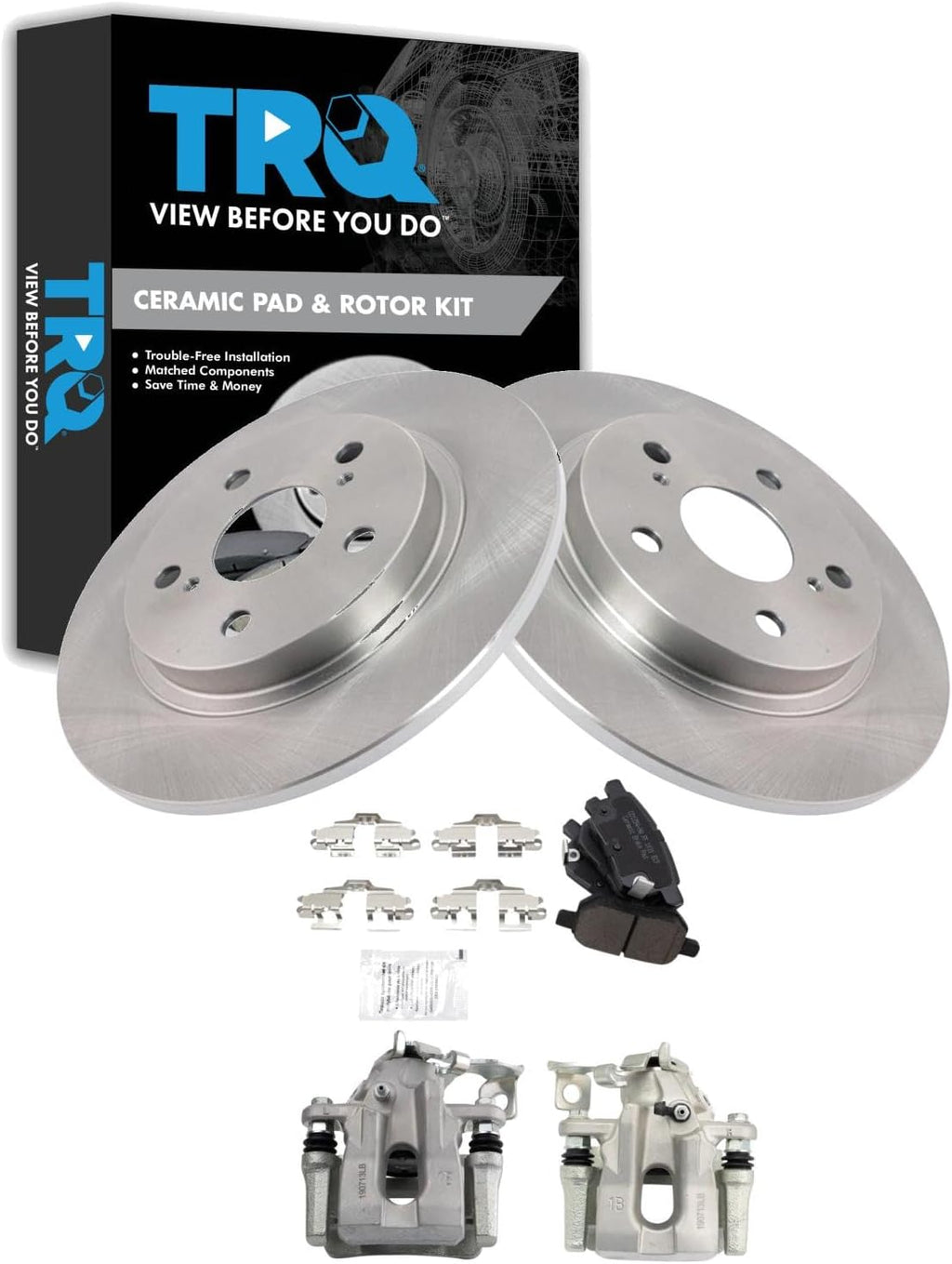 TRQ Rear Brake Pad and Rotor Set Ceramic Rotors Calipers Compatible with 2008-2015 Scion xB