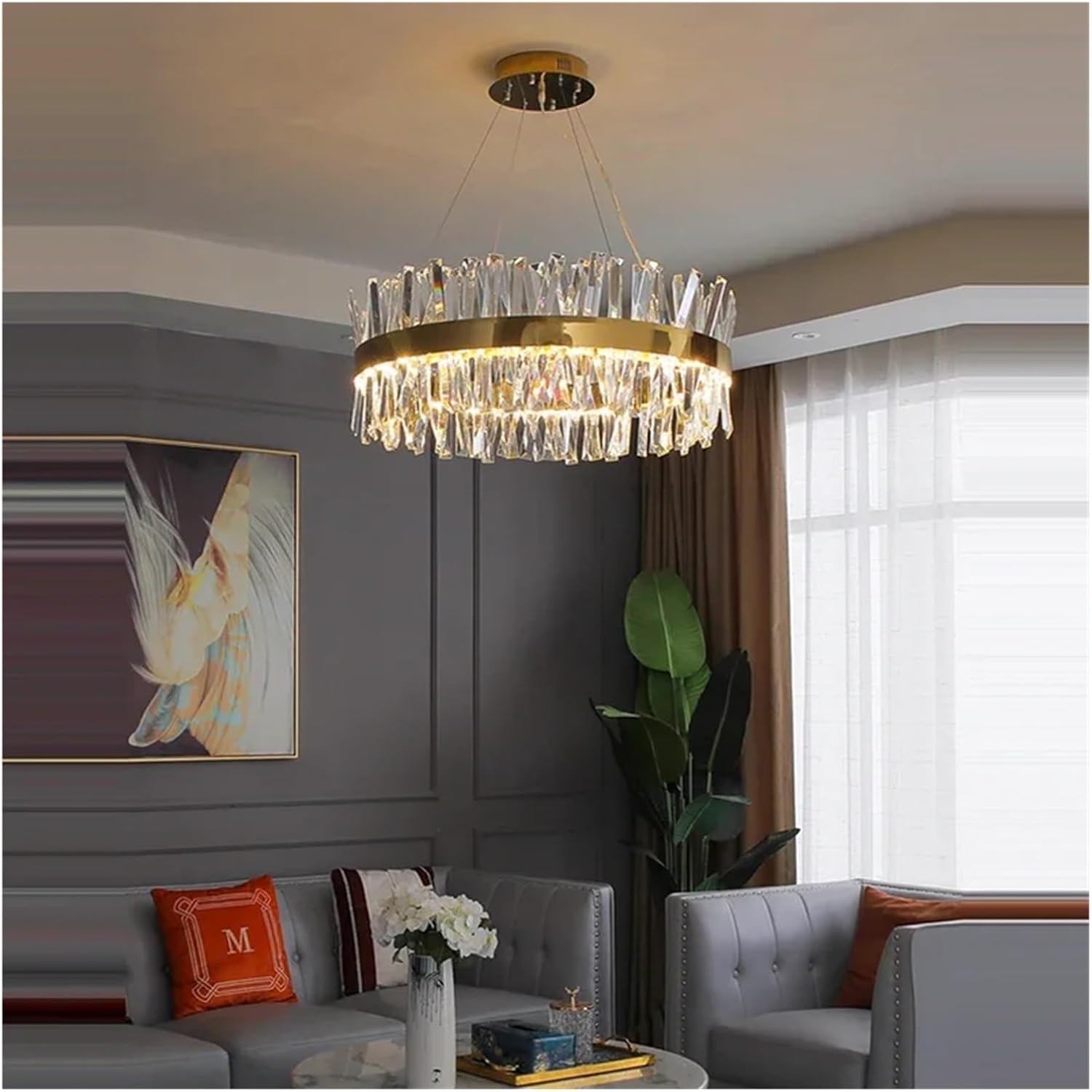 Crystal Chandelier Round Oval Gold Silver Hanging Lamps Suspension Luminaire for Living Room,Dining Light Fixtures