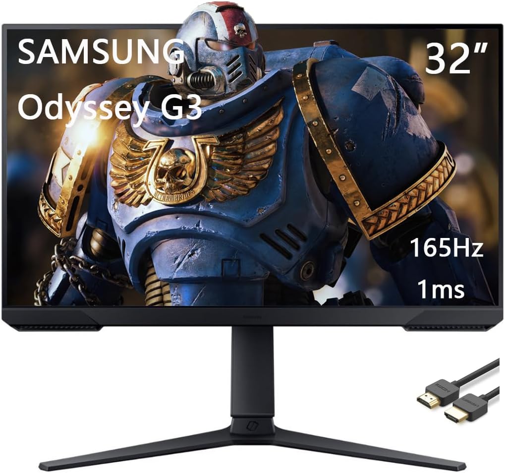 Samsung 32' Odyssey G3 Series FHD LED Gaming Monitor, 165Hz, 1ms, FreeSync Premium, Eye Saver Mode, Height Adjustable Screen, Black, with HDMI Cable