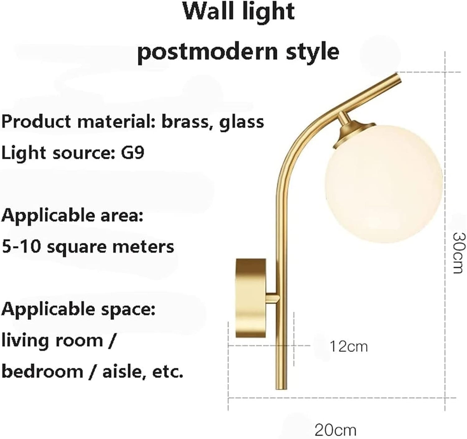 Modern Indoor Wall Sconce Lighting Fixture, Gold Wall Mounted Lamp, Creative LED Wall Light for Living Room Bedroom Bedside Corridor Stairway Bathroom, Brass Finish - White Glass Shade