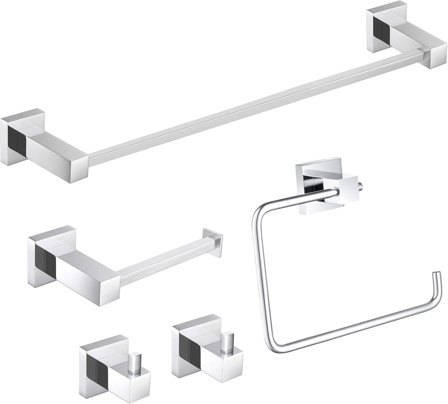 KIBI Cube 5-Piece Brushed Nickel Bathroom Hardware Set, Solid Brass Wall Mount Toilet Paper Holder & Towel Bar Set | Includes 18' Towel Bar, Towel Ring, Toilet Paper Holder & Robe Hooks (C-KBA15-5-3)