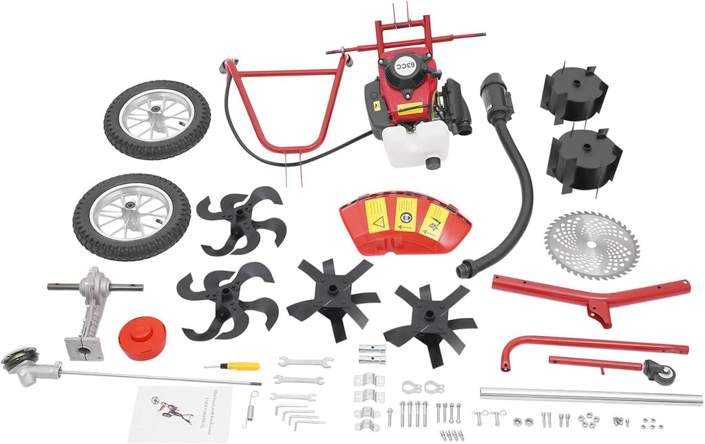 63CC 4-Stroke Gas Powered Lawn Mower, 3in1 Hand Push Lawn Mower Trimmer, Brush Mower Gasoline Brush Broom Sweeping Machine, 4HP Gas Brush Cutter String Trimmer for Yard, Farms, Parks
