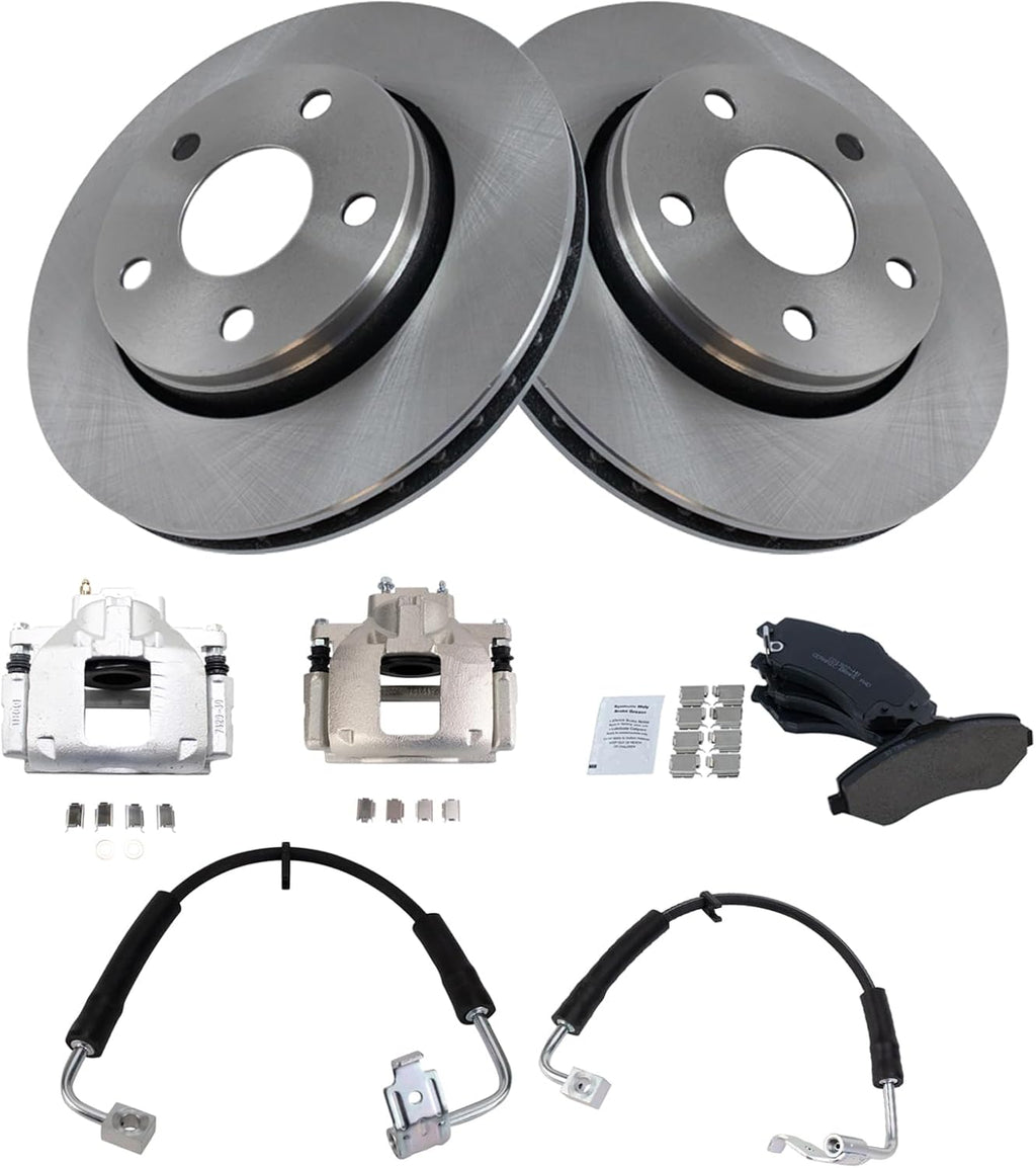 TRQ Front Brake Pad and Rotor Set Ceramic Rotors Calipers Hoses Compatible with 2008-2010 Jeep Wrangler