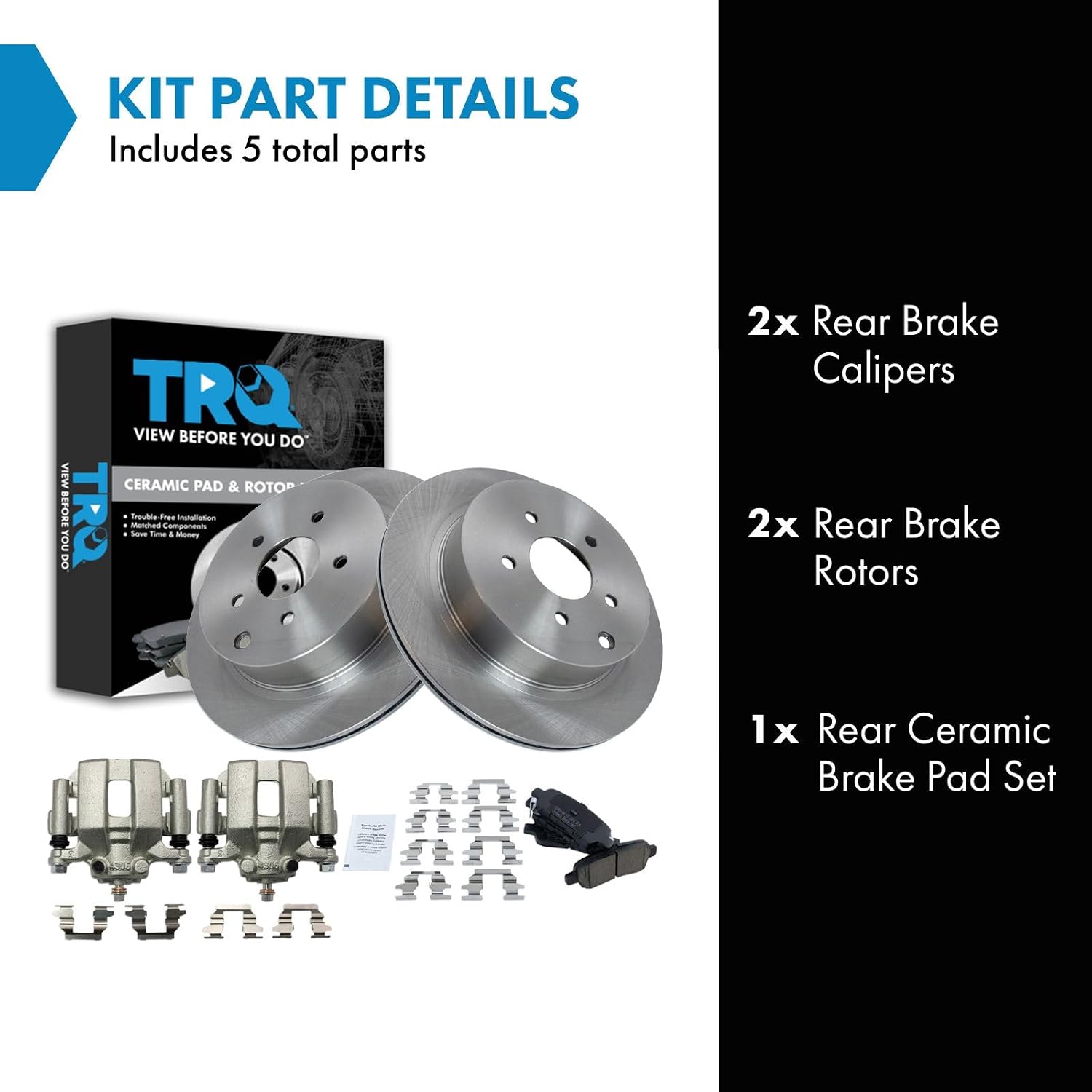 TRQ Rear Brake Pad and Rotor Set Ceramic Vented Rotors Calipers Compatible with 2003-2007 Nissan Murano 2004-2009 Quest