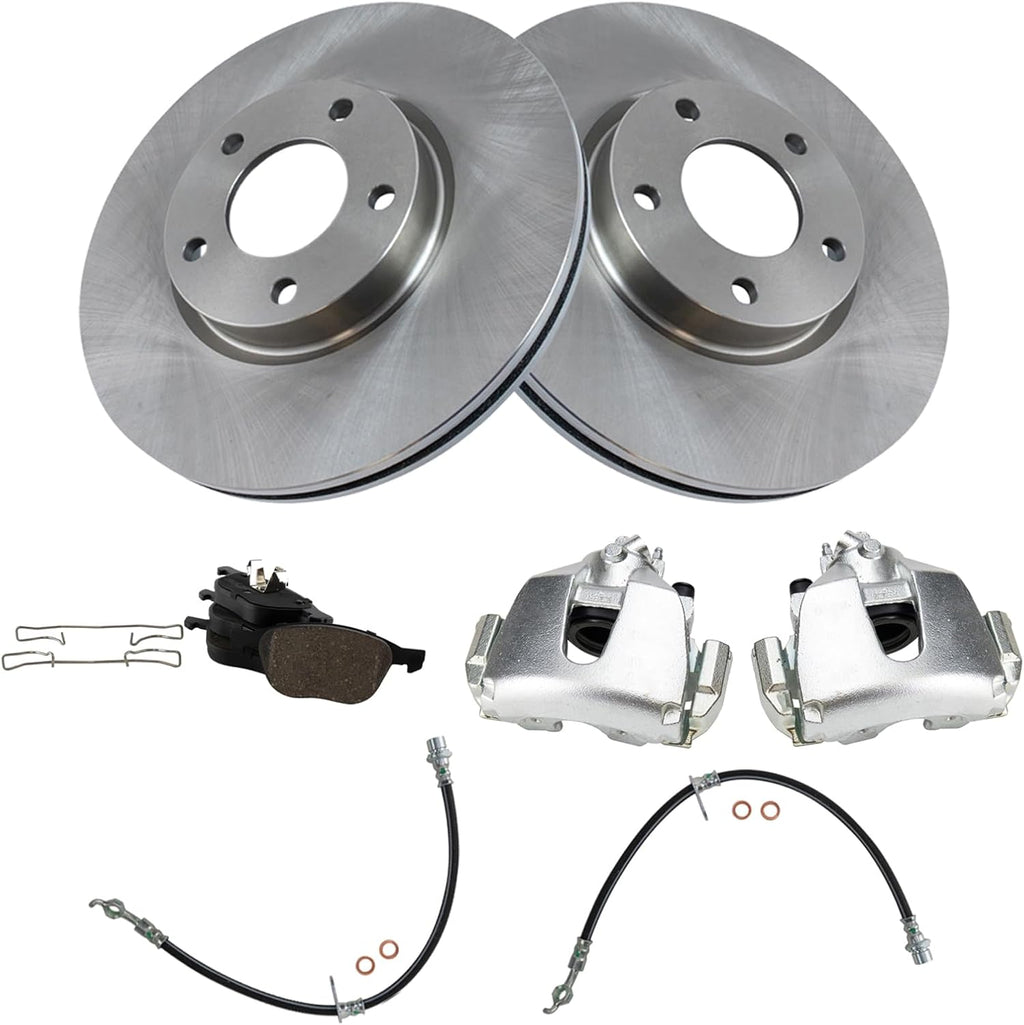 TRQ Front Brake Pad and Rotor Set Ceramic Rotors Calipers Hoses Compatible with 2004-2007 Mazda 3 2006-2007 5