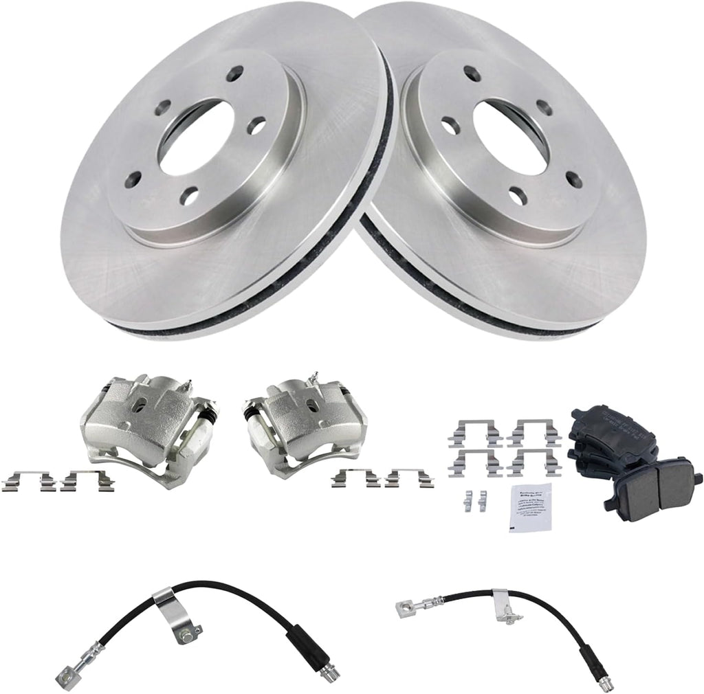 TRQ Front Brake Pad and Rotor Set Ceramic Vented Rotors Calipers Hoses 276 mm Compatible with 2004-2008 Chevrolet Malibu 2006-2007 Pontiac G6