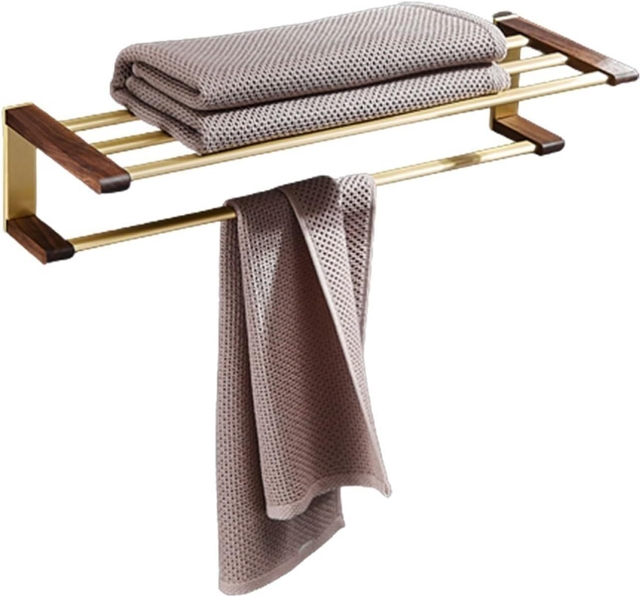 Towel Hanger for Bathroom,Walnut Wood Rack Double Rail Bar Shelf Wall Mounted Holder Space Aluminum Towels Storage Laundry Room Bars(50 * 20.5 * 12cm)