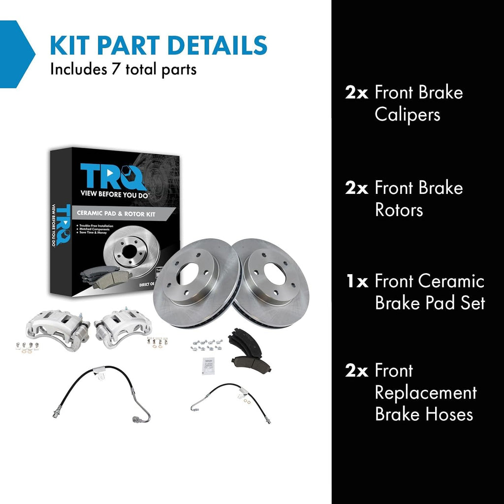 TRQ Front Brake Pad and Rotor Set Ceramic Rotors Calipers Hoses Compatible with 1998-2000 Chevrolet Blazer Isuzu Hombre 1998-1999 S10 Sonoma Oldsmobile Bravada 1998-2001 GMC Jimmy