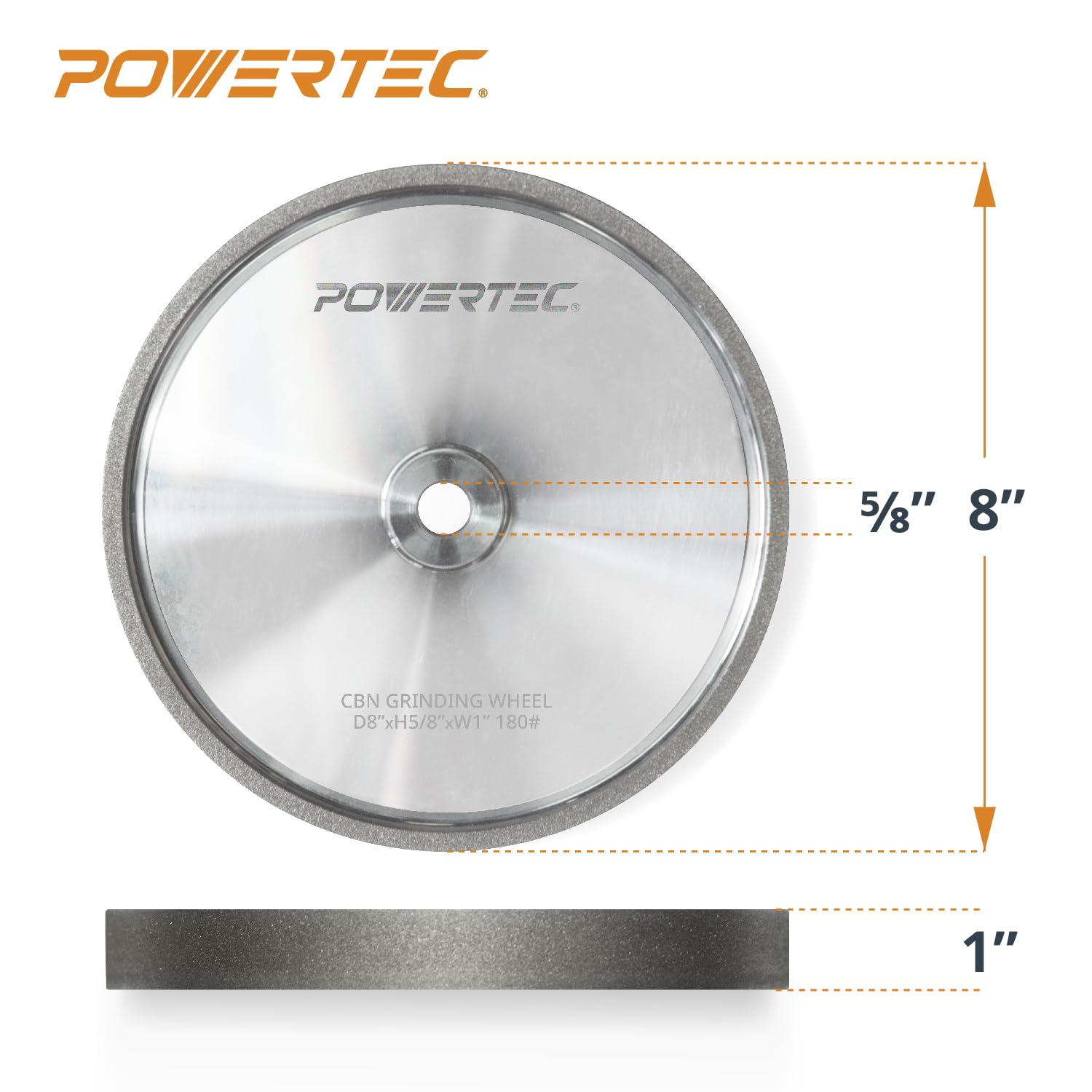 POWERTEC CBN Grinding Wheel 8 Inch, 5/8' Arbor, 8' x 1' Wide 180 Grit Bench Grinder Wheel & 8' x 1-1/2' Wide 80 Grit, 4-in-1 CBN Sharpening Wheel w/ 1/4' Radius Edge and Side Face - 2PK (15710)