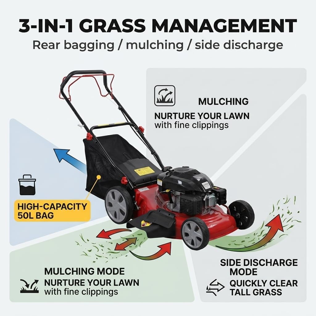 Self Propelled Gas Lawn Mower, 141cc 4-Stroke Engine, 20-Inch Walk-Behind Mower, 3-in-1 Mulching, Side Discharge & Rear Bagging, 7-Position Height Adjustment, 13.2-Gallon Grass Bag, High Rear Wheels