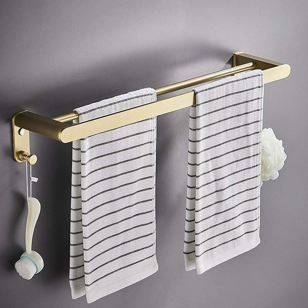 Wall-Mounted Towel Rack,Double Bar Towel Rails with Hooks - Brushed Space Aluminum Wall-Mounted Towel Rack & Holder for Bathroom - Stylish Gold & White Finish, Durable Towel Shelves Design