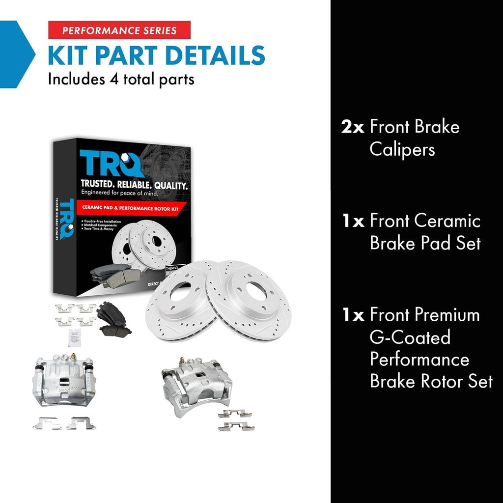 TRQ Performance Front Brake Pad and Rotor Set Ceramic Vented Coated Slotted Drilled Rotors Calipers Compatible with 2011-2018 Ford Fiesta