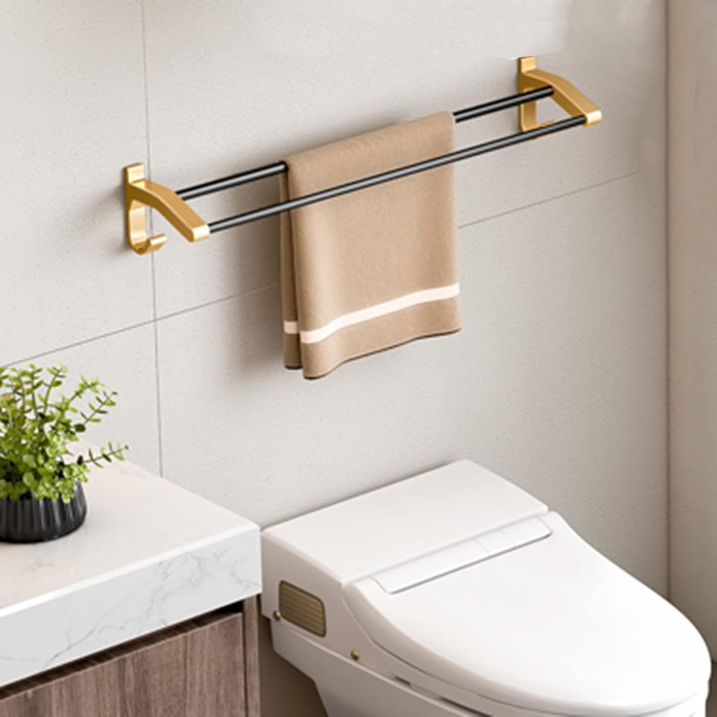 Towel Rack No Drilling Towel Holder with Hook Towel Shelf Adhesive Double Bar Wall Mounted Space Aluminum for Bathroom Kitchen,Gold,60cm Bathroom (Gold 60cm)