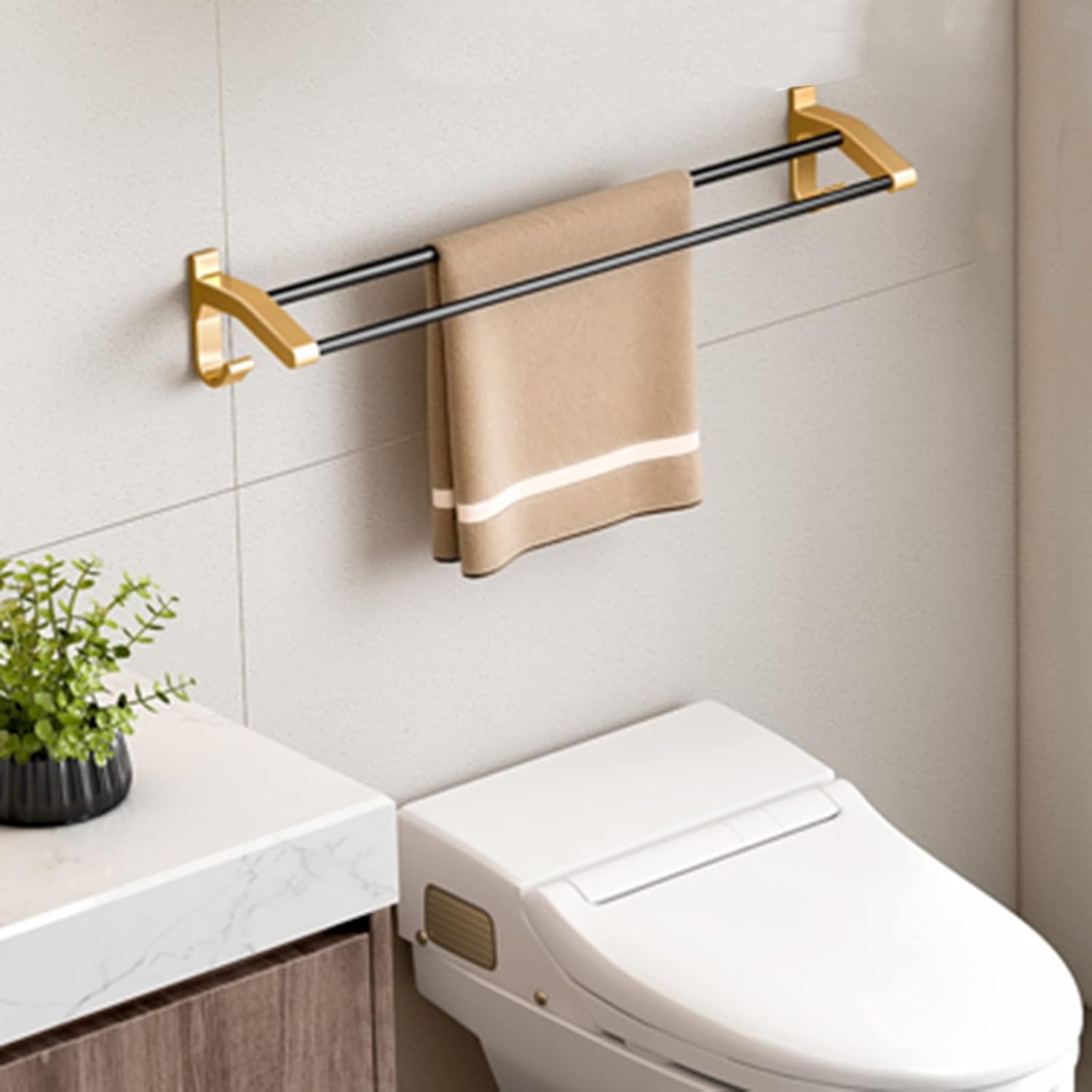 Towel Rack No Drilling Towel Holder with Hook Towel Shelf Adhesive Double Bar Wall Mounted Space Aluminum for Bathroom Kitchen,Gold,60cm Bathroom (Gold 60cm)